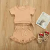 Zomer kids kleding sets baby meisjes ronde kraag shirt strik katoenen tops + kant shorts 2pcs / set ZYY897