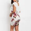 Summer Office Lady Bodycon Dress Casual O Neck Floral Print Patchwork Chiffon Mini Dress Sexig Slim Party Cocktail Kort klänning 210619