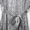 Kvinnor Sequined Gitter Long Lantern Sleeve Club Mini Klänning Höst Guld Silver Sashes O-Neck Glänsande Klänning Party Vestidos 210416