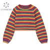 Kobiety Kolorowe Paski Rainbow Dzianiny sweter Jesień Zima Koreański Styl Casual Długim Rękawem Pullover Kobiet Crop Top 210417