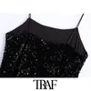 TRAF Femmes Sexy Mode Sequin Side Slit Mini Robe Vintage Dos Nu Bretelles Fines Robes Féminines Robes Mujer 210415