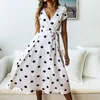 Casual polka dot print vrouwelijke zomerjurk v-neck korte mouw vlekken hoge taille a-line enkellengte vrouwen modejurken 210415