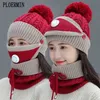 3-teiliges Set Damen Strickmütze Schal Mützen Halswärmer Winter für Damen Mädchen Skullies Mützen Warmes Fleece 211119