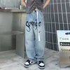 Amerikanska streetwear jeans hip-hop bokstäver tryckta lösa bälte byxor män retro hong-kong stil bredben mopping baggy y2k byxor 211108