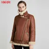 Tangada Kvinnor Brun Fur Faux Läder Jacka Coat With Belt Snow Down Collar Ladies Vinter Tjock Varm Överdimensionerad Coat 5B01-1 210609