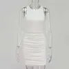 Colysmo Ruched Summer Dress 2 Layers Elastic Hollow out Backless Mini White Bodycon Woman Casual Robe Party Chic Vestidos 210527