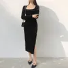 Vintage Women's Square Collar Velvet Dress Long Sleeve High Waist Slim Sexy Slit Evening Party Dress Female Street Wear 210518