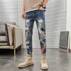 2023Korean Style Fashion Men Brodery Patch Ripped Stretch Pencil Pants Streetwear Elastic Hip Hop 210716