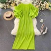 Effen kleur losse dames geplooid jurk zomer mode chic jurken vrouwelijke dubbellaagse vlinder mouw vestidos 210422