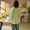 ATUENDO Summer Fashion Green Pajamas Sets for Women Atoff Home Satin Silk Lounge Sleepwear 100% Cotton PJS Kawaii Soft Homewear 210809