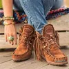 Women Ankle Boots Ladies Suede Shoes Tassel Pop Lace-Up Boho Flat Cowboy Short