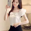 Camicette in chiffon bianco moda Camicie Camicie estive donna con scollo quadrato e spalle scoperte Camicia abbigliamento moda coreana 88H 210420