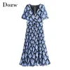 Frauen Mode Geometrische Druck Plissee Kleid V-ausschnitt Flare Kurzarm Casual Lange Maxi Rüschen Aushöhlen Chiffon 210515