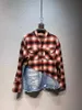 Män Röd Plaid Flannel Patchwork Denim Distressed Shirt Oversize Fit Mäns Casual Shirts