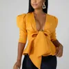 Vrouwen SCUBA BOWTIE PEPLUM BLOUSE SHIRTS HALF MEEVE SEXY V NECK TOPS Elegant Office Ladies Workwear Streetwear 210702