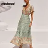 Printed Long Maxi Dresses Women Summer V Neck Boho Beach Female Ruffles Short Sleeve A Line Holiday Casual Dress 210413