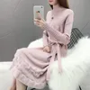 Sweet Hem Velvet Trim Knitted Dress Fall Winter Women Jurken Long Sleeve Turtleneck Sashes Slim Ladies Graceful OL Sweater 210514