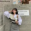 Nomikuma Fashion Knitted Patchwork Vintage Shirts Fake Two Piece V Neck Long Sleeve Retro Blouse Women Korean Style Blusa 210514