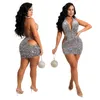 Dames Mouwloze Backless Halter Hals Cut Out Sexy Club Zilver Grijze Sequin Mini Dames Jurken Party Avond 211115