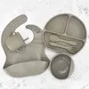 6 Sztuk / zestaw Baby Silikonowe Płyta Zestaw łyżki Wysokie krzesło Karmienie Silikonowe Bowl BIB Anti-Fall Baby Dishes BPA Bezpłatne Naczynia do dziecka G1210