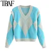 Women Fashion Argyle Pattern Loose Knitted Sweater Vintage V Neck Detachable Sleeves Female Pullovers Chic Tops 210507