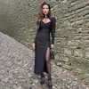 Mode féminine d'hiver Sexy serré noir col haut creux à manches longues fendu longue robe de soirée de célébrité 210527