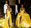 Sexy Simple Bright Yellow Satin A Line Prom Dresses For Black Girls High Side Split Spaghetti Strap Formal Dress Evening Gowns Wear Custom Made