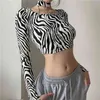 Zebra Striped Printed Cut Out Y2K Halter Crop Top Summer Fashion T-shirt T-shirt för tjejer Långärmad Tee Shirt Streetwear 210510