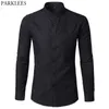 Men's Oxford Slim Fit Dress Shirt Brand Mandarin Collar Long Sleeve Chemise Homme Casual Buisness Office Shirt With Pocket Black P0812