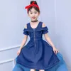 Crianças Denim Vestido para Meninas Roupas de Verão Casuais Rufles Bebles Jean Vestido Bebê Crianças Cute Sólido Outfits Vestidos 4-12 y Q0716