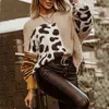 Outono Inverno Elegante Feludo Macio Macio Morno De Tricô Jumper Leopardo Print Patchwork Sweater Mulheres O Pescoço Manga Longa Tops Pullover 211215