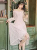 YOSIMI Lace Dress for Women Spring Summer Beige V-neck A-Line Mid-calf Fit and Flare Empire Long Sleeve Party Ladies 210604