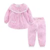 Mudkingdom Butik Kızlar Pijama Setleri İlkbahar Sonbahar Sevimli Dantel Çizgili Kalp Toddler Pijama Çocuklar Pijama Uyku Giysileri 210615