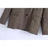 Vintage femmes marron Plaid Blazers mode dames Chic col cranté veste Streetwear femme casual poche manteaux 210430