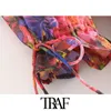 Kvinnor Chic Fashion Floral Print Wrap Chiffon Midi Dress Vintage V Neck med bälte och foder kvinnlig Veintidos 210507