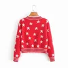 Elegant Women Sexy Star Jacquard Sweaters Fashion Ladies Rad V-Neck Knitted Tops Sweet Female Chic Loose Pullovers 210427