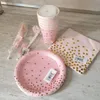 Wegwerp Dinware Cup Bord Set Gold Stamping Birthday Praty servies Pink Kit Bruiloft Decoraties Handtraktatie Meisjes Baby Shower