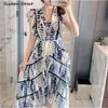 Estate Vintage Blue Dress Dress Donna Stampata Chiffon V-Neck Vestido Abbigliamento Abiti da partito monopetto a vita alta femmina 210603