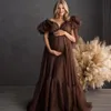 妊娠中の女性のパフキャップ袖のイブニングドレスのvネックウエディングドレス