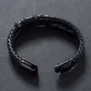 Men's Jewelry Black Stainless Steel Clasp Wristband Fashion Bangle Punk Woven Leather Cord Bracelet Q0719