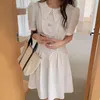 [EWQ]Corea Cuciture Chic Due Fibbie Manica Corta Allentato Vestito da Donna Colletto Del Peter Pan Estate Nuovo Abbigliamento Alla Moda Vestido 210423