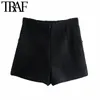 Traf Women Chic Fashion Side Pockets Buttons Tweed Bermudas Shorts Vintage High midjan Back Zipper Kvinnlig Femme 210415