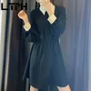 Korean style Splicing vintage women dress long sleeve lapel contrast color design elegant High waist dresses Autumn 210427