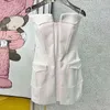Sexy Apricot Patchwork Pockets Dress For Women Slash Neck Sleeveless High Waist Mini Dresses Female Summer 210520