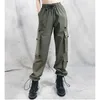 Vår Armé Green Cargo Byxor Kvinna Streetwear Casual för Kvinnor Ribbon Loose Trousers High Waist Sweatpants 210531