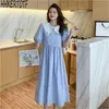 Summer Korean Style Fashion Solid Round Neck Loose Casual Puff Sleeve Long Dress 210531