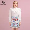 Letnie Kobiety Zestaw Runway Mody Designer Z Długim Rękawem Gorgeous Ruffles Bluzki + Drukowana Mini Spódnica Lady Garnitury 210522