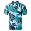 Męskie wakacje Casual Krótki Rękaw Aloha Hawaiian Koszula Palma Drukowane Tropikalne Blue Shirts Camisa Hawaiana 210721