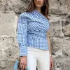 Women Stylish One Shoulder Blue Plaid Shirts Summer Fashion Ladies Vintage Slim Button Tops Y2K Girls Chic Shirt Cute 210527