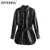 Women Fashion PU Faux Leather With Belted Jacket Coat Vintage Long Sleeve Pockets Side Vents Female Outerwear Chic Tops 210416